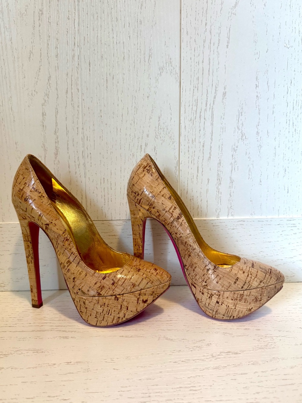 Ruthie Davis Cork-Print Nude Platform Pumps with Gold Lining size 37